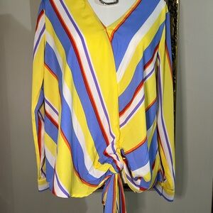 Lush Striped V-Neck faux Tie-Front Blouse Medium NWT